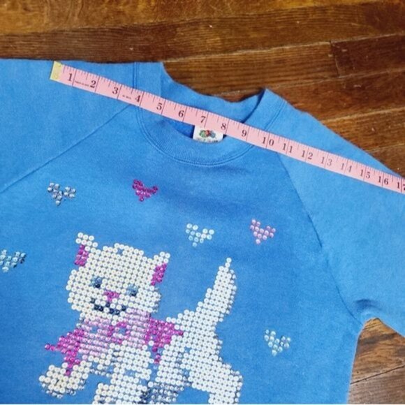 Vintage 90s Blue Sequin Kitty Cat Girly Crewneck Sweatshirt - Picture 7 of 13
